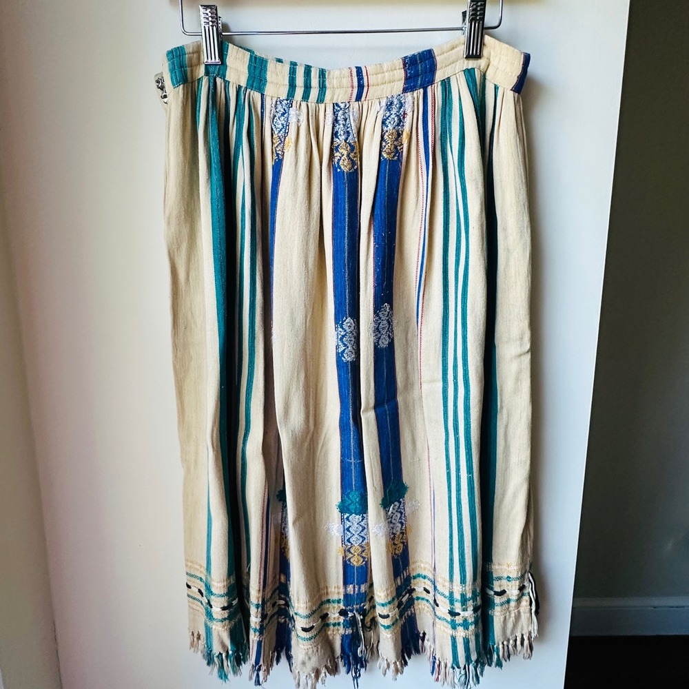 Vintage 70s Supercraft Skirt Blue Teal Woven Embroidered Fringe Boho Medium - Picture 8 of 8